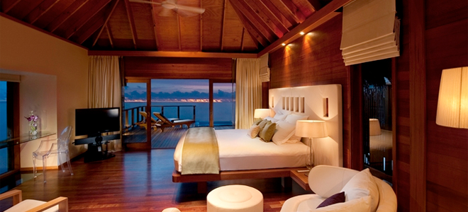 conrad maldives - premier water villa bedroom
