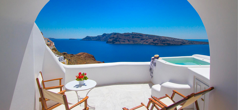 Luxury Greece Holiday Packages Oia Mare Villas Honeymoon Cave Suite With Hot Tub Balcony View